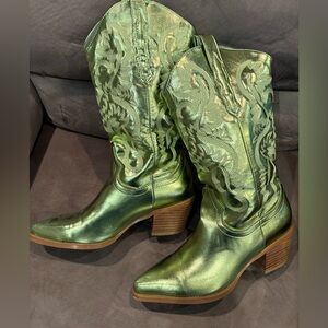 Metallic green midcalf boots EUC